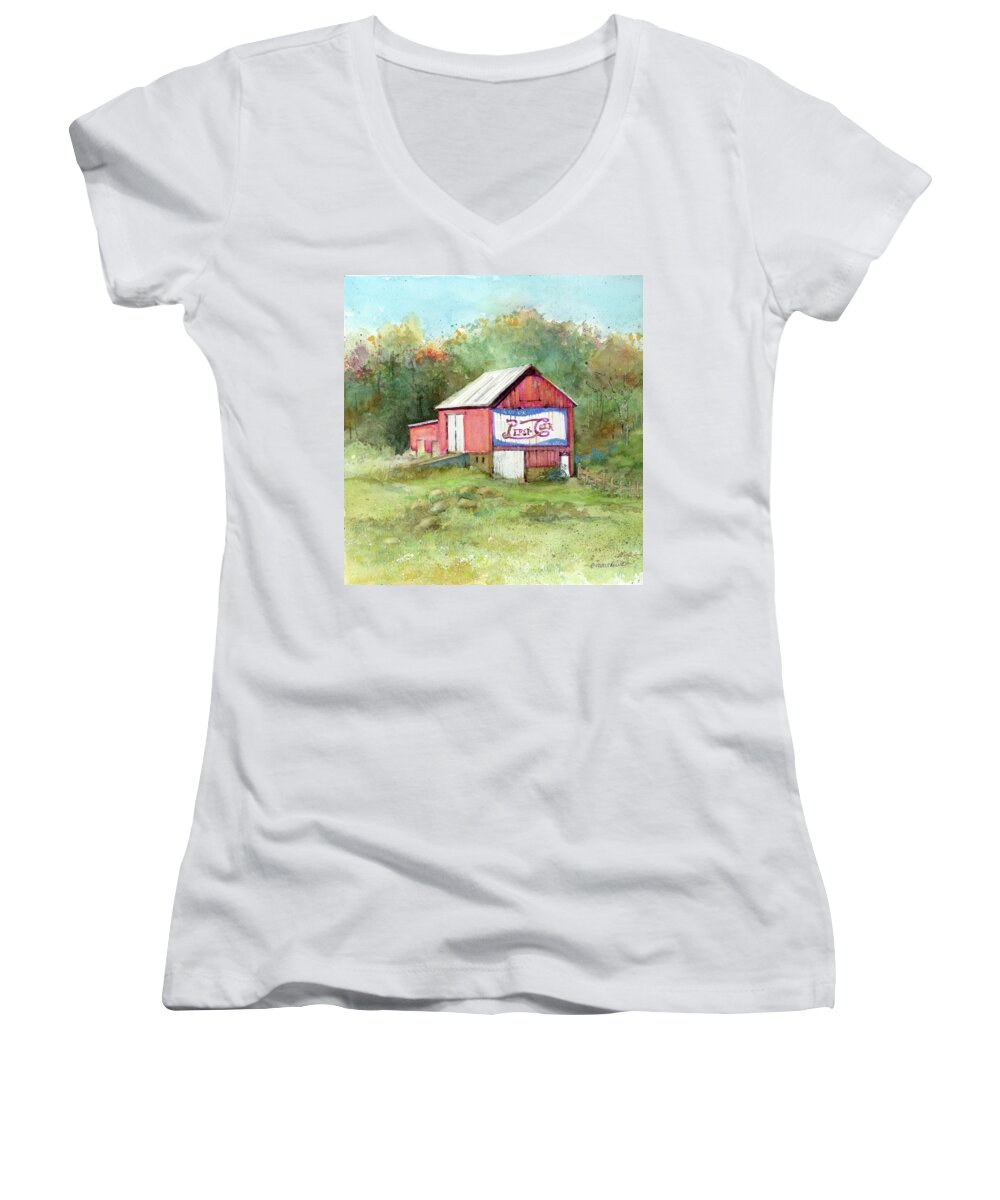 Pepsi Barn Women's V-Neck featuring the painting Pepsi Barn on Highway 61 by Rebecca Matthews