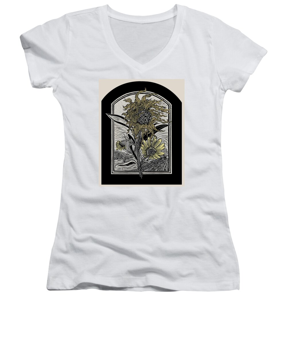 Linocut Women's V-Neck featuring the relief Perfect Curls Arched by Michael Gross