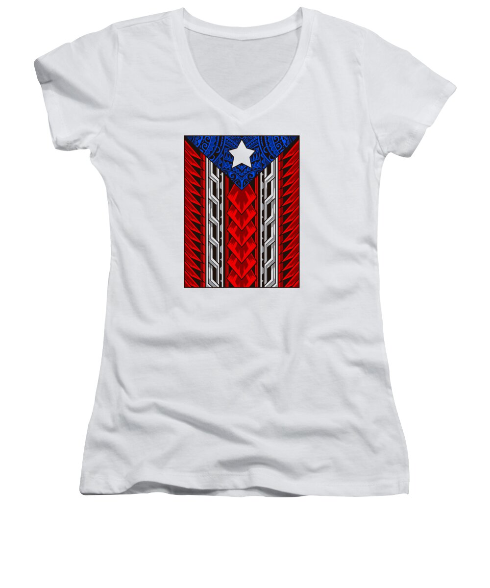 Puerto Rico Women's V-Neck featuring the digital art Puerto Rican Tribal Flag Modern Boricua by Mister Tee