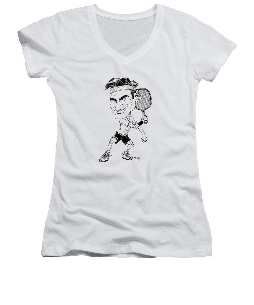 Cartoon Women's V-Neck featuring the drawing Roger Federer by Mike Scott