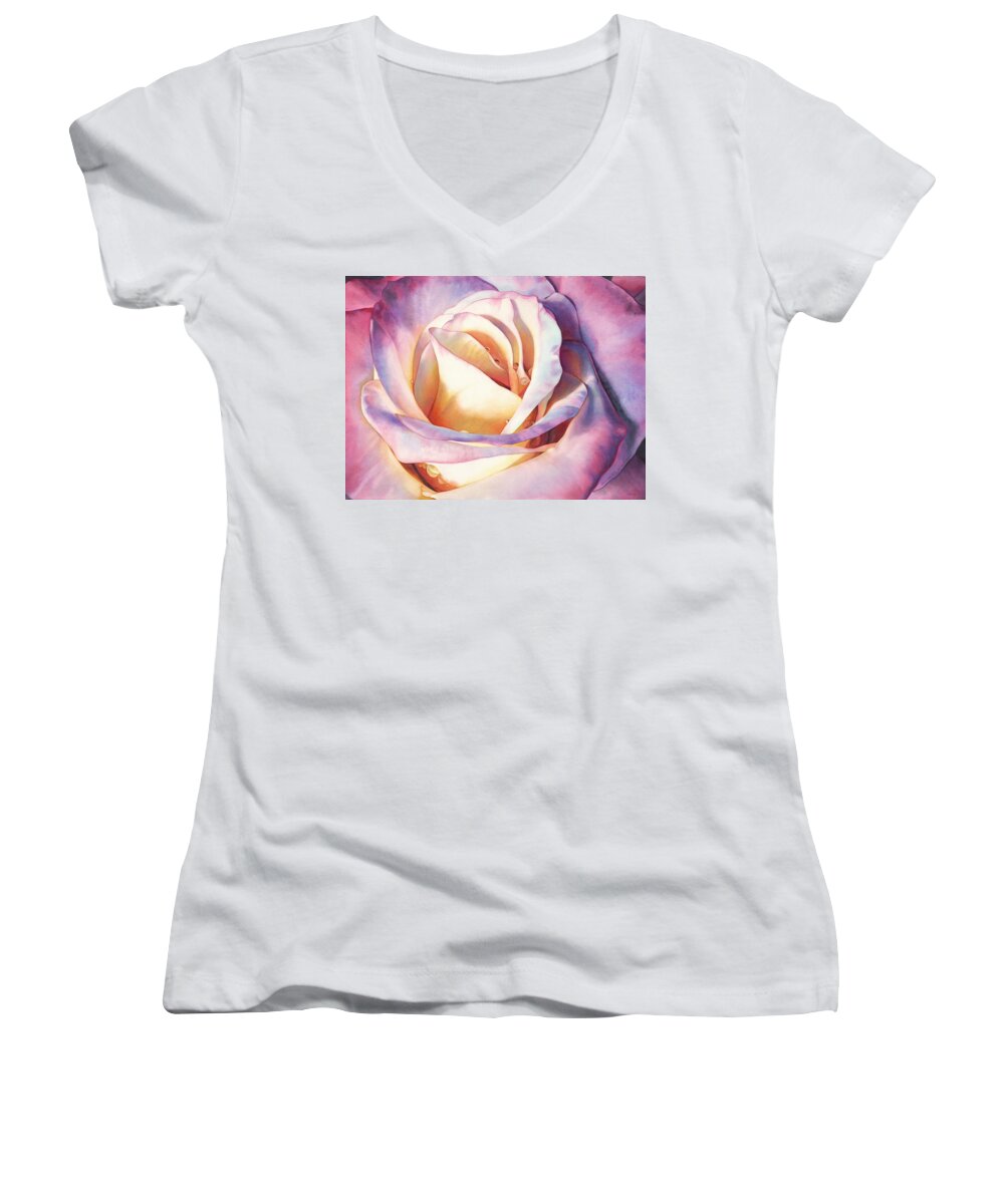 Rose Women's V-Neck featuring the painting Rose Radiance by Sandy Haight