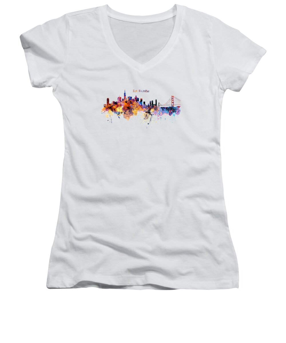 Marian Voicu Women's V-Neck featuring the painting San Francisco watercolor skyline by Marian Voicu