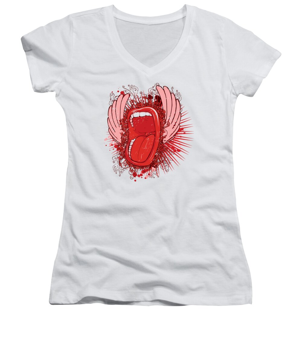 Mouth Women's V-Neck featuring the digital art Screaming Red Mouth by Matthias Hauser