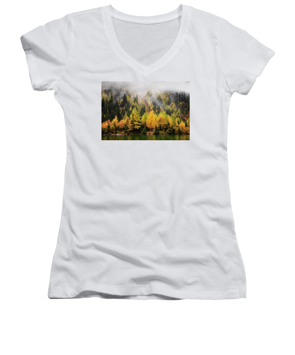 Alpine Women's V-Neck featuring the photograph Shrouded in mist by Dominique Dubied