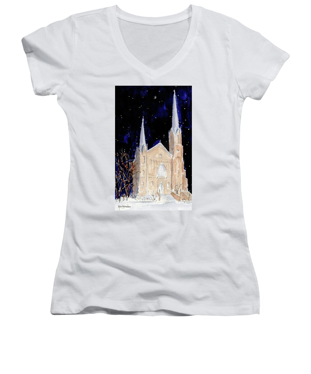 St. Mary's Church Women's V-Neck featuring the painting Silent Night by Ken Marsden