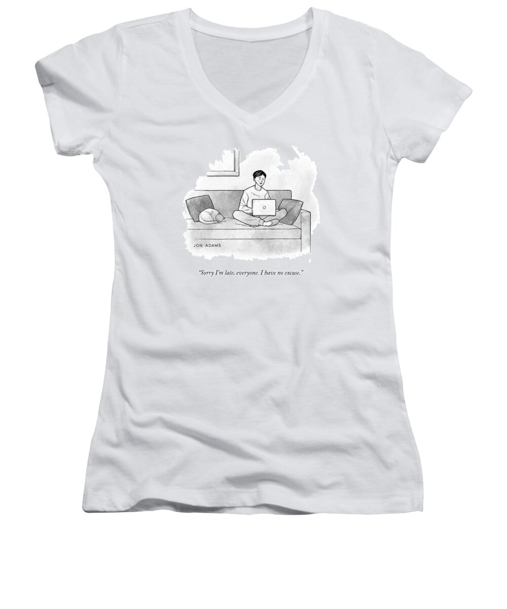 Sorry I'm Late Women's V-Neck featuring the drawing Sorry I'm Late by Jon Adams