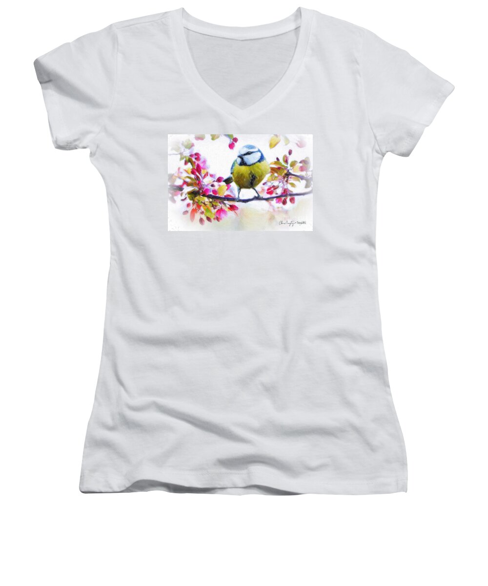 Bird Women's V-Neck featuring the drawing Spring Blossoms with Bird by Chris Armytage