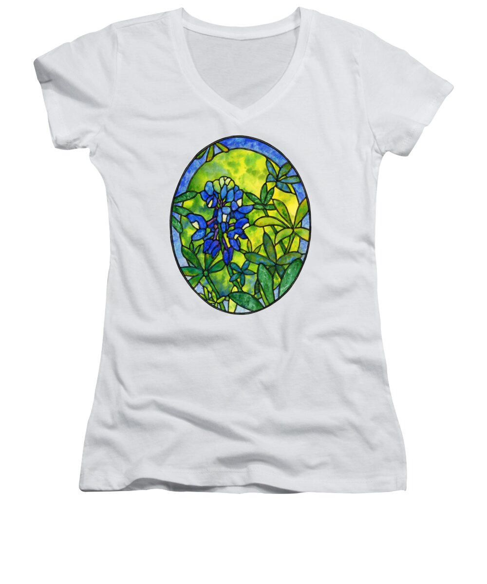 Stained Glass Women's V-Neck featuring the painting Stained Glass Bluebonnet - solid background by Hailey E Herrera
