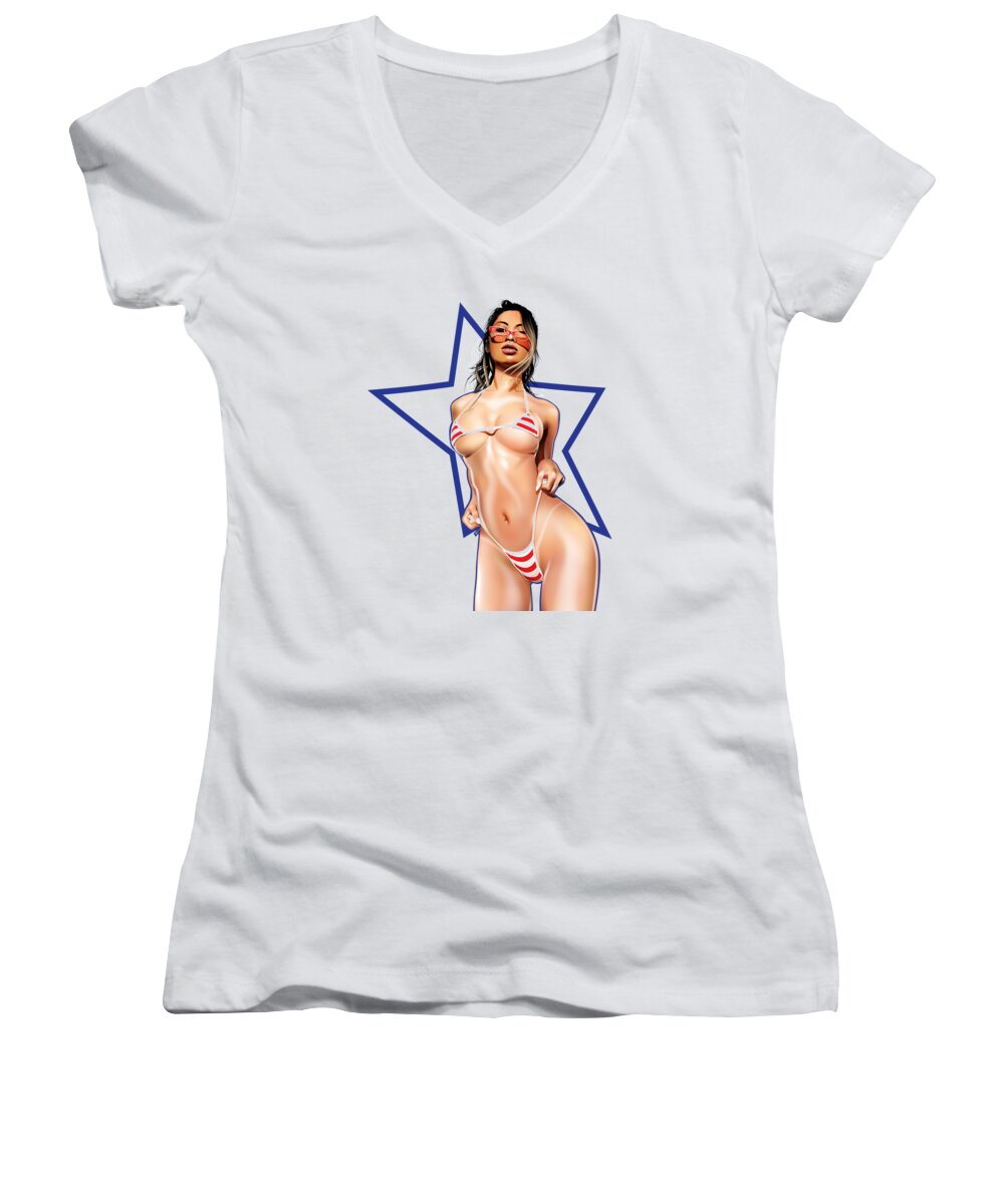 Pinup Women's V-Neck featuring the digital art Star n Stripes by Brian Gibbs