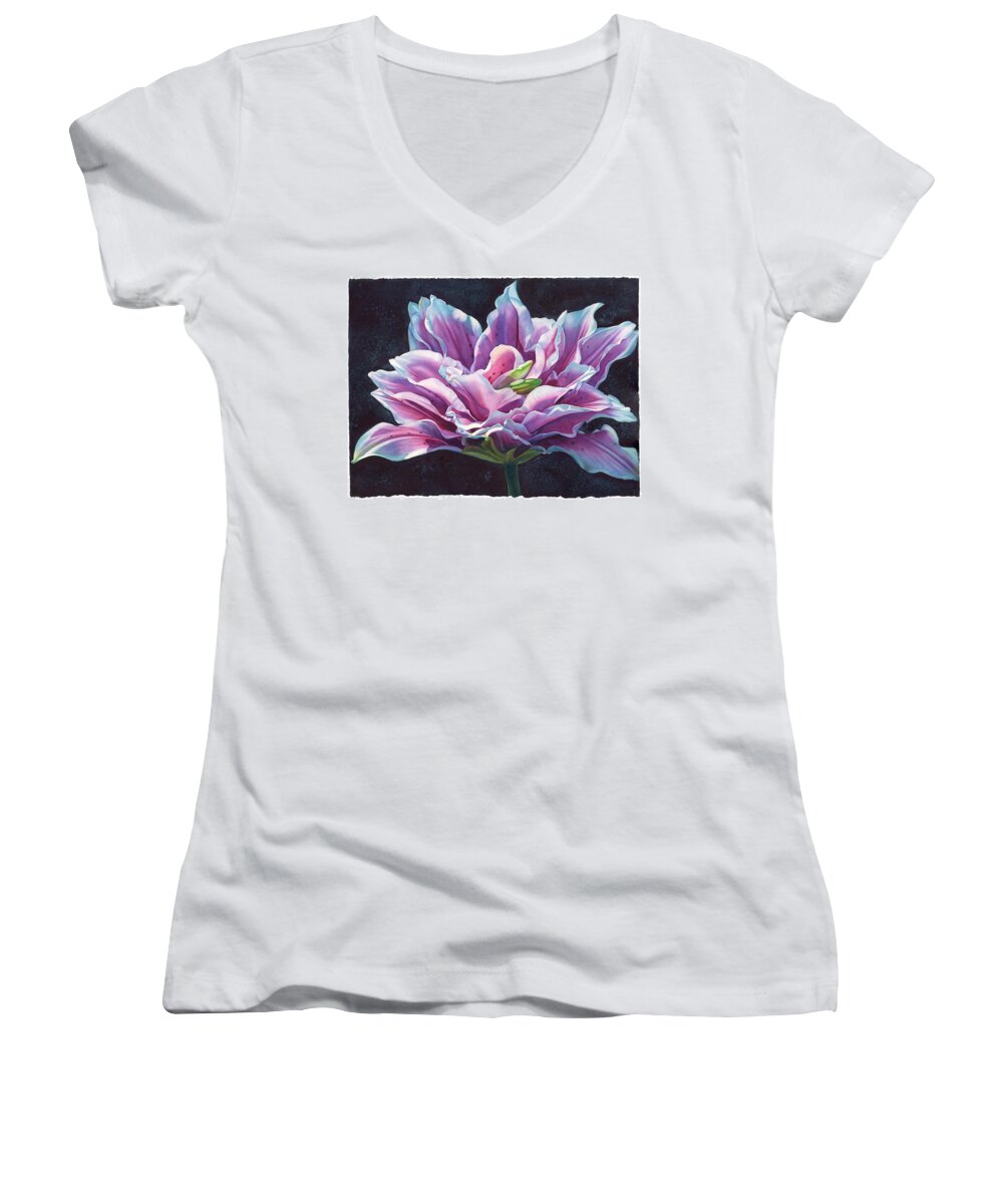 Watercolor Painting Women's V-Neck featuring the painting Starring LilyRose with deckle edge by Sandy Haight