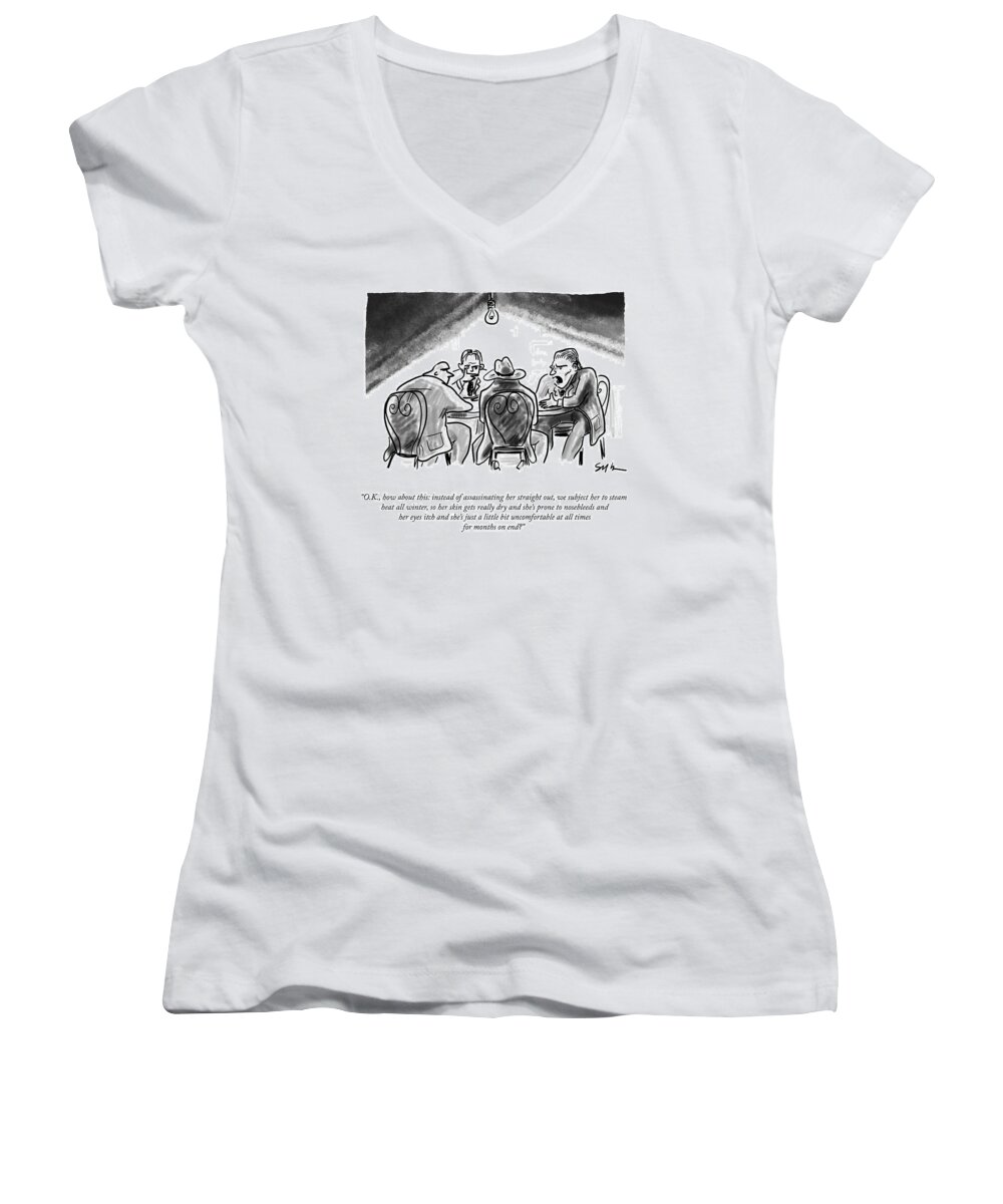A21523 Women's V-Neck featuring the drawing Steam Heat All Winter by Sofia Warren
