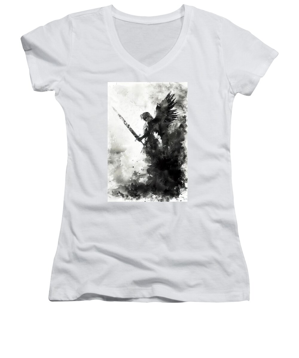 Religion Women's V-Neck featuring the painting Sword of Celestial Valor, 06 by AM FineArtPrints