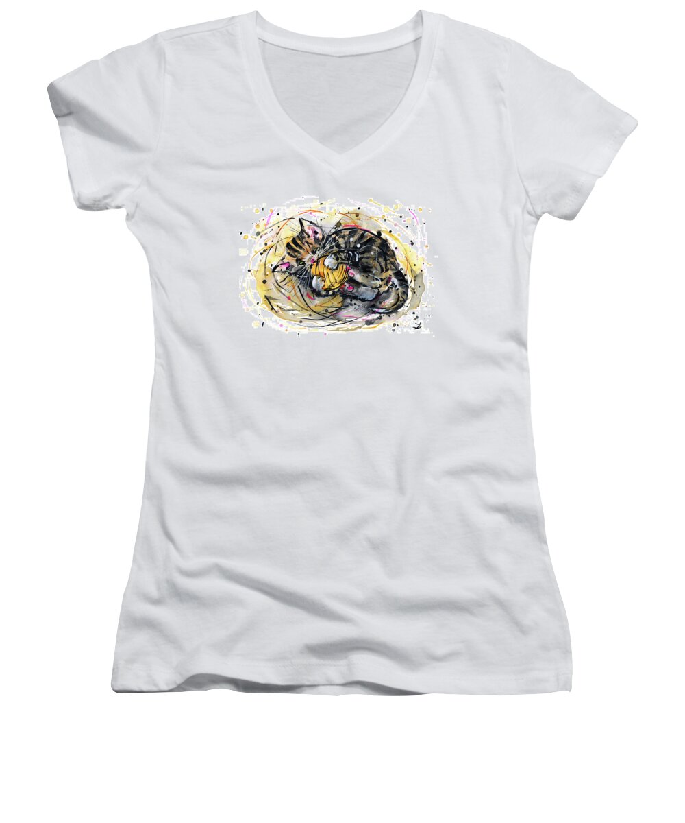 Cat Women's V-Neck featuring the painting Tabby Kitten Playing With Yarn Clew by Zaira Dzhaubaeva