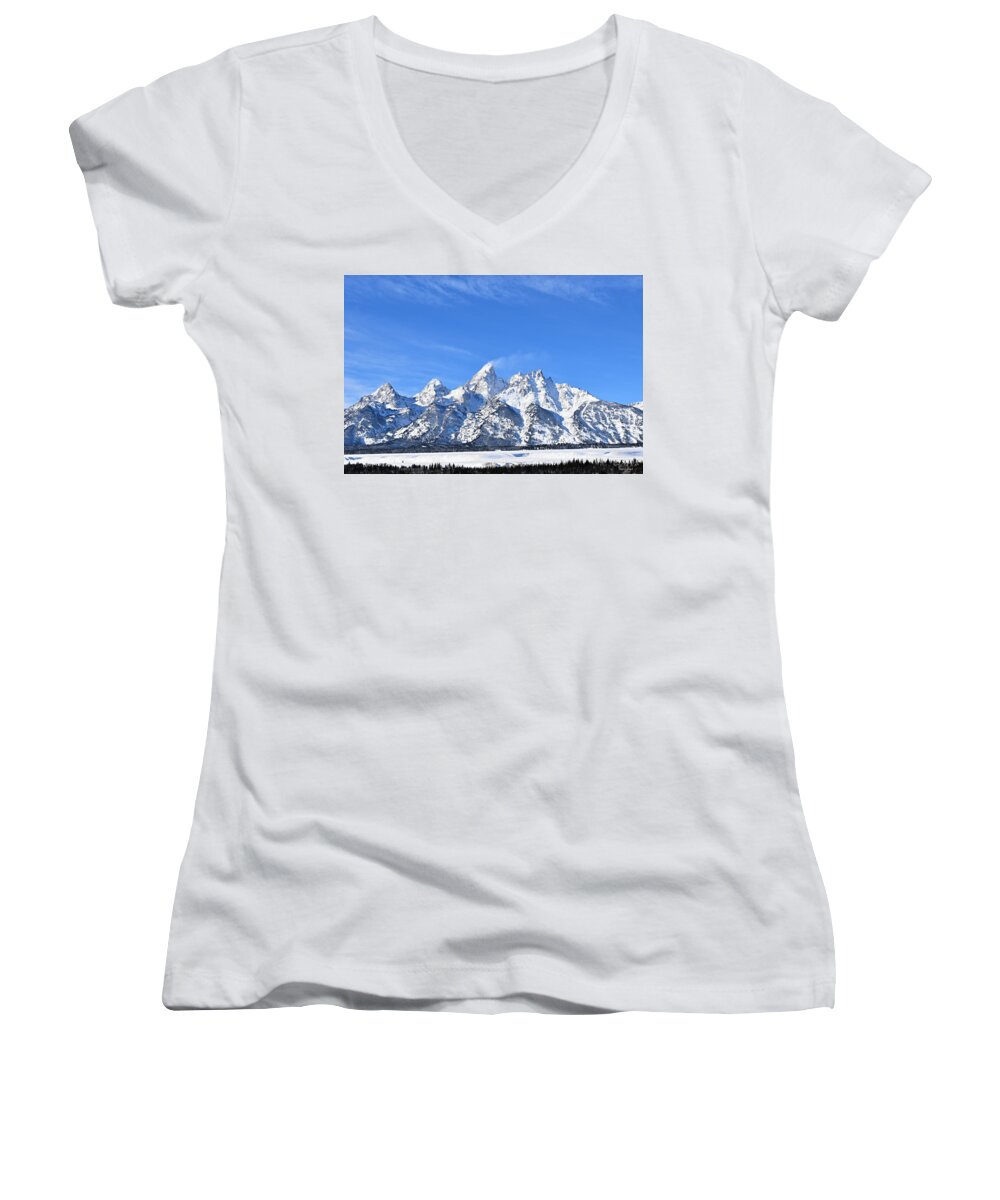 Tetons Women's V-Neck featuring the photograph Tetons in Winter #5 by Dorrene BrownButterfield