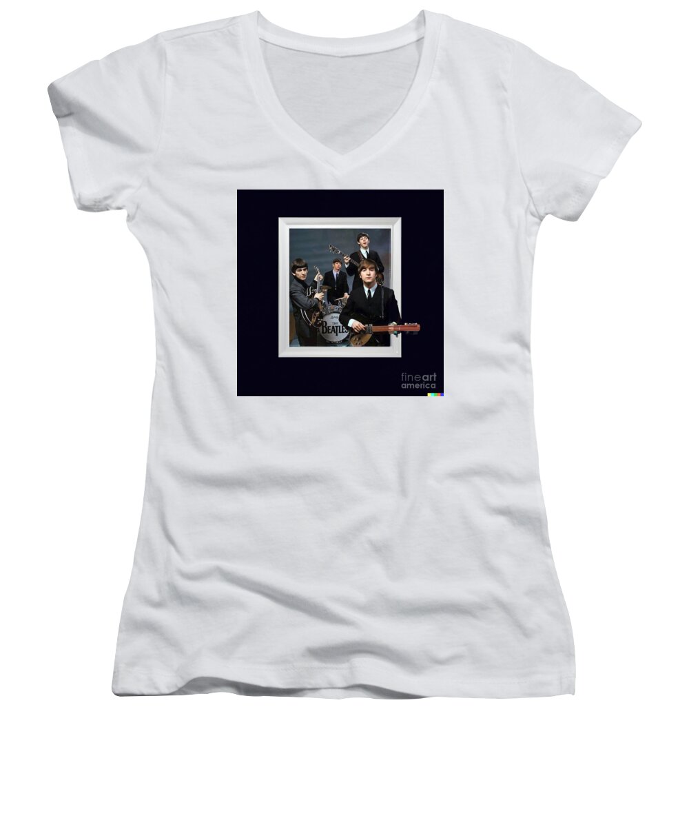 The Beatles Women's V-Neck featuring the mixed media The Beatles Rock by Steve Mitchell