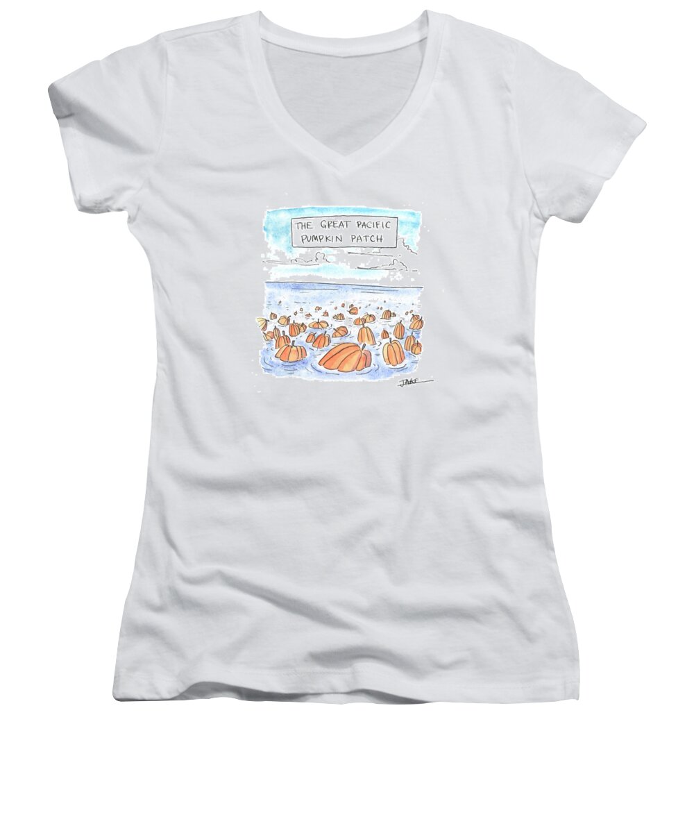 Captionless Women's V-Neck featuring the drawing The Great Pacific Pumpkin Patch by Jake Goldwasser