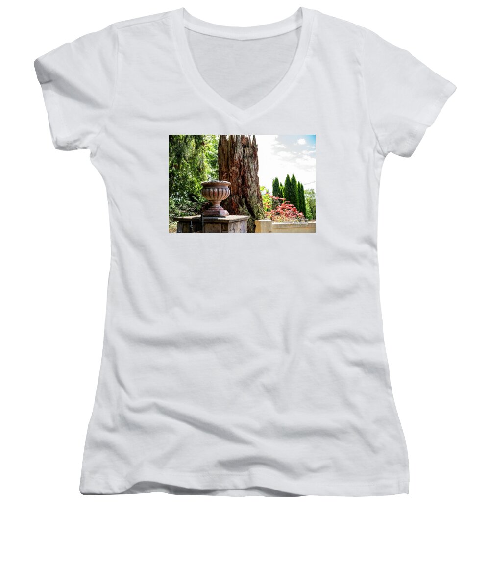 Tree Stump And Concrete Planter; Still Life; Contrast; Natural Art; Perspective; Balance; Mt. Vernon Women's V-Neck featuring the photograph Tree Stump and Concrete Planter by Tom Cochran