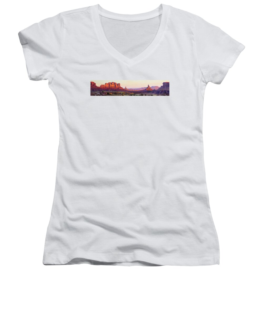 Landscape Women's V-Neck featuring the painting Valley of the Gods by Steve Henderson