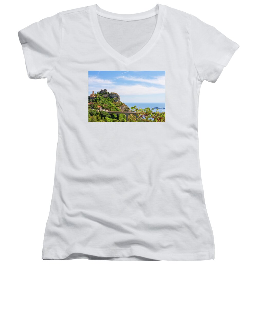 Scenic View Women's V-Neck featuring the photograph Viaduct to Eze Citadel, Provence by Tatiana Travelways