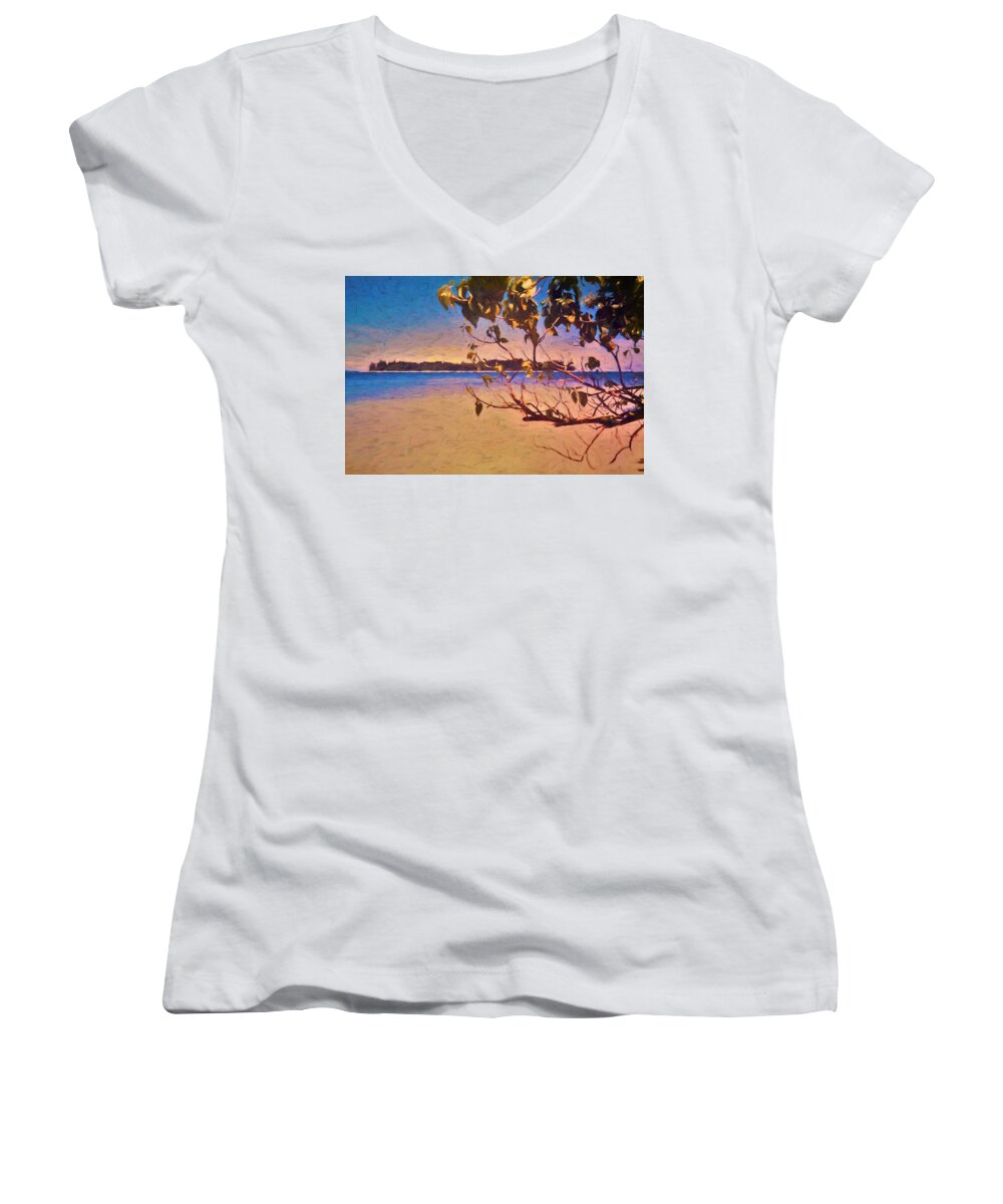 Gizo Women's V-Neck featuring the mixed media View Of Small Islands Near Gizo Solomon Islands by Joan Stratton