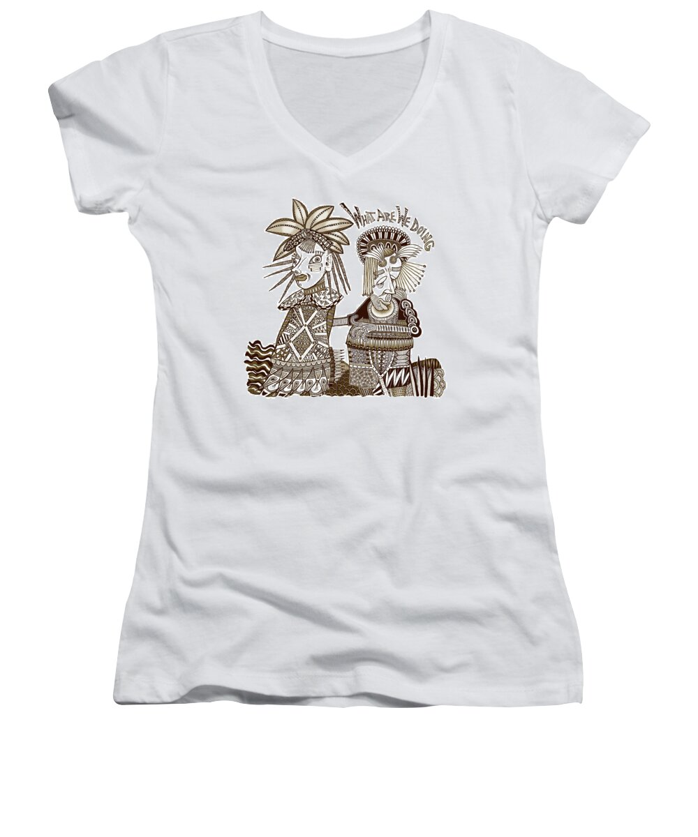 Relationship Women's V-Neck featuring the digital art What Are We Doing by Hone Williams