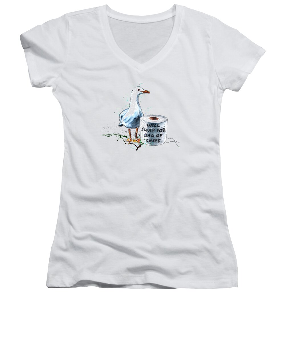 Birds Women's V-Neck featuring the mixed media Will Swap For Bag Of Chips by Miki De Goodaboom