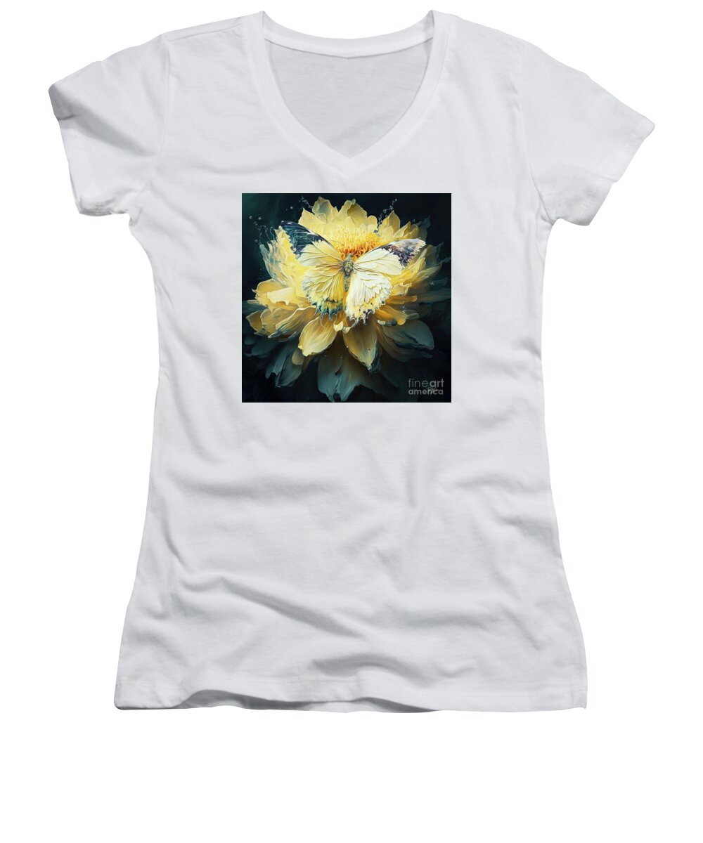 Yellow Butterfly Women's V-Neck featuring the painting Yellow Butterfly Delight by Tina LeCour