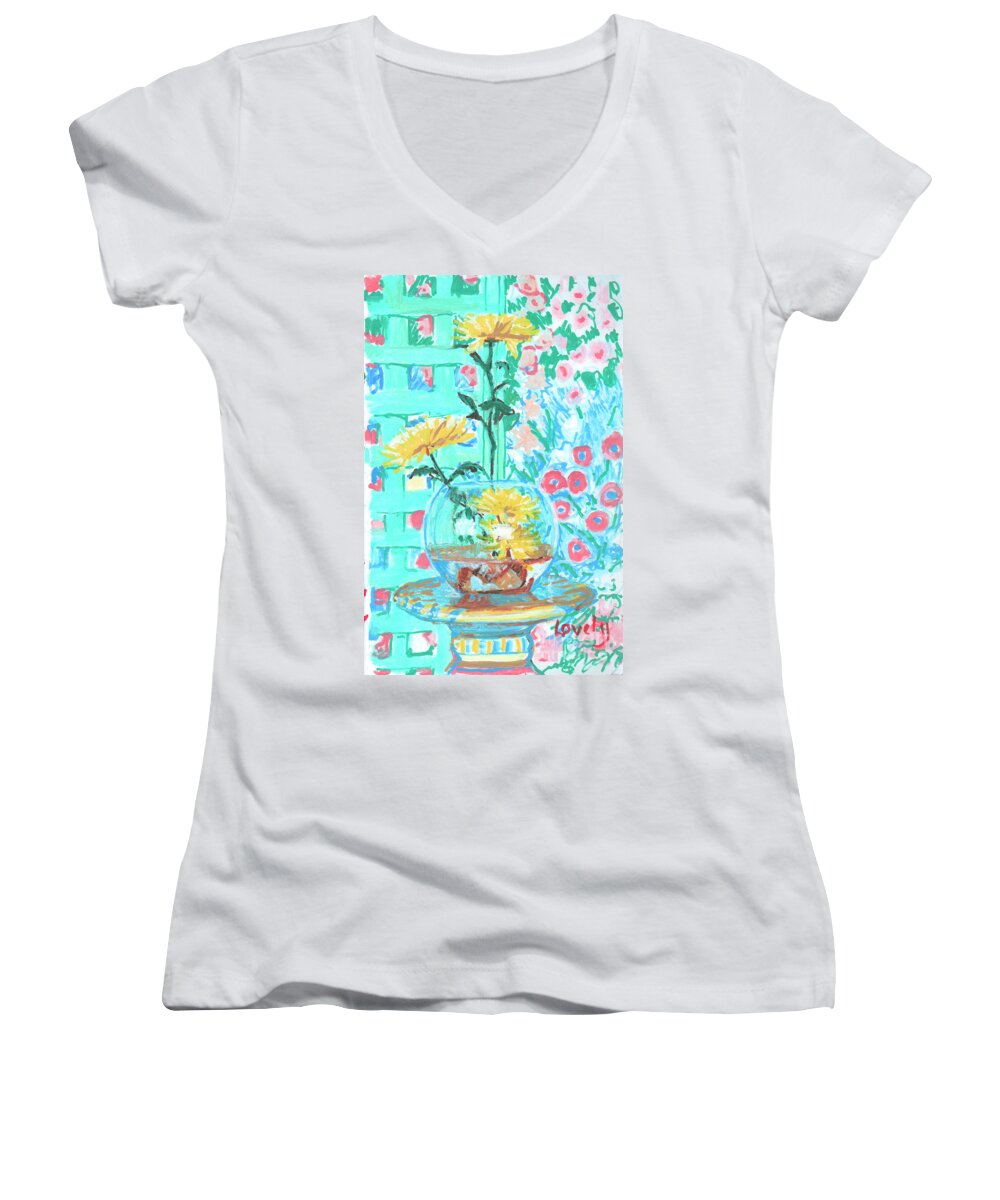 Yellow Chrysanthemums In The Kitchen Women's V-Neck featuring the painting Yellow Chrysanthemums in the Kitchen by Candace Lovely