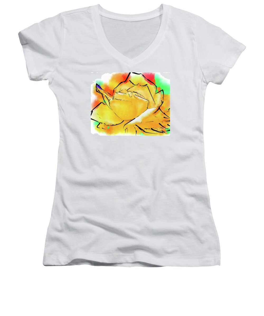 Rose Women's V-Neck featuring the digital art Yellow Rose In Abstract Watercolor by Kirt Tisdale