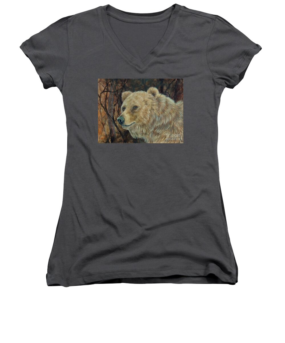 Watercolor Women's V-Neck featuring the painting Out of the Dark. by Sandy Brindle