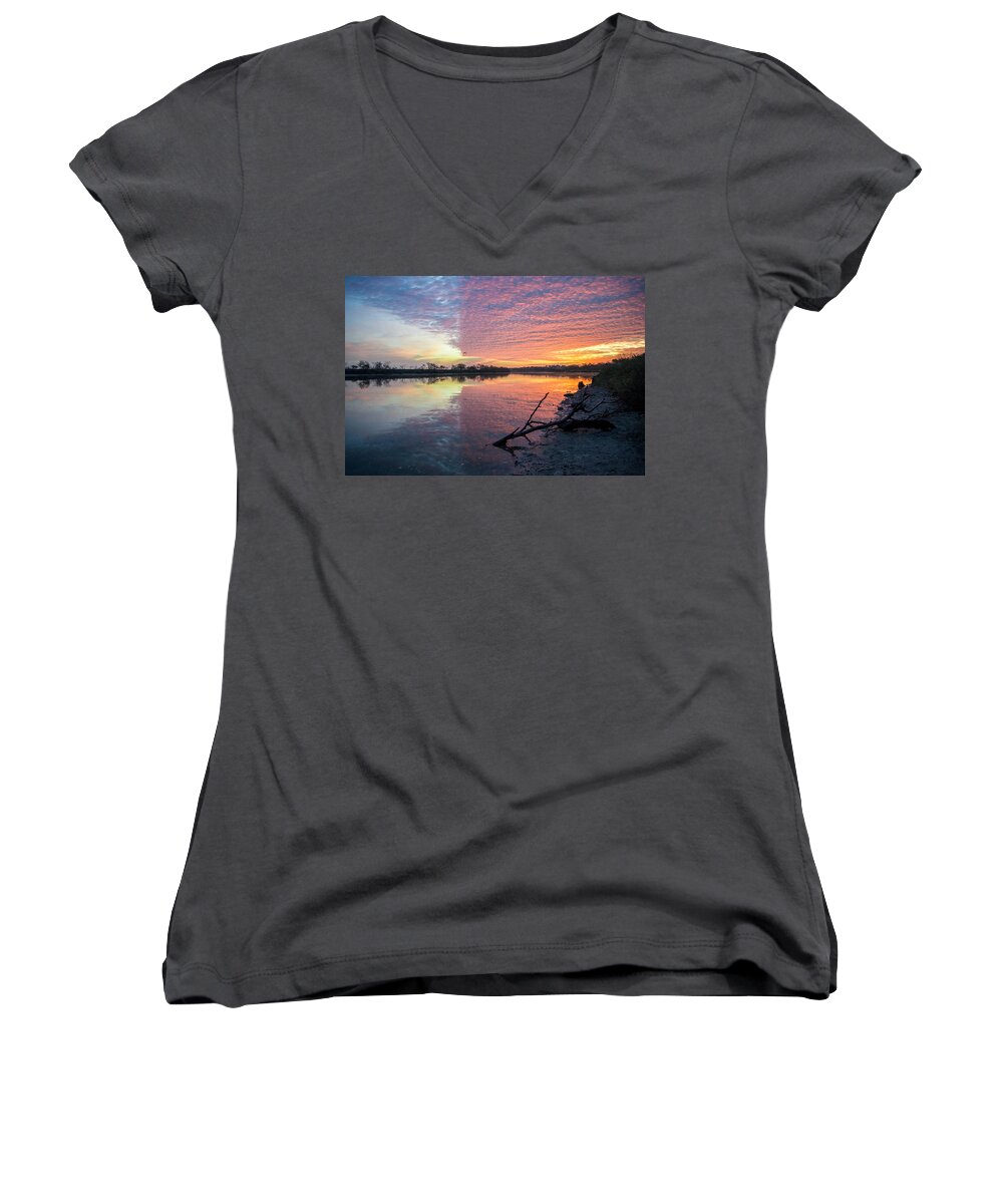River Women's V-Neck featuring the photograph River Glows at Sunrise by Leticia Latocki