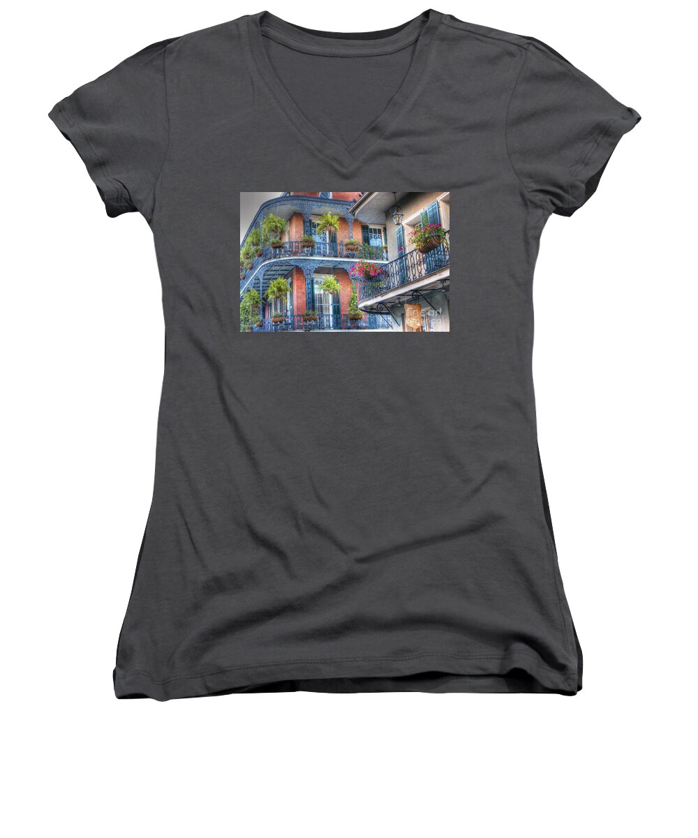 Balcony Women's V-Neck featuring the photograph 0255 Balconies - New Orleans by Steve Sturgill