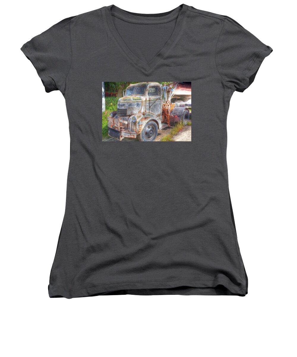 Tow Women's V-Neck featuring the photograph 0281 Old Tow Truck by Steve Sturgill