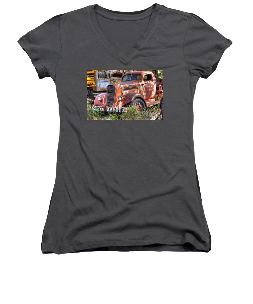 Classic Women's V-Neck featuring the photograph 0680 Junk Yard Dog by Steve Sturgill