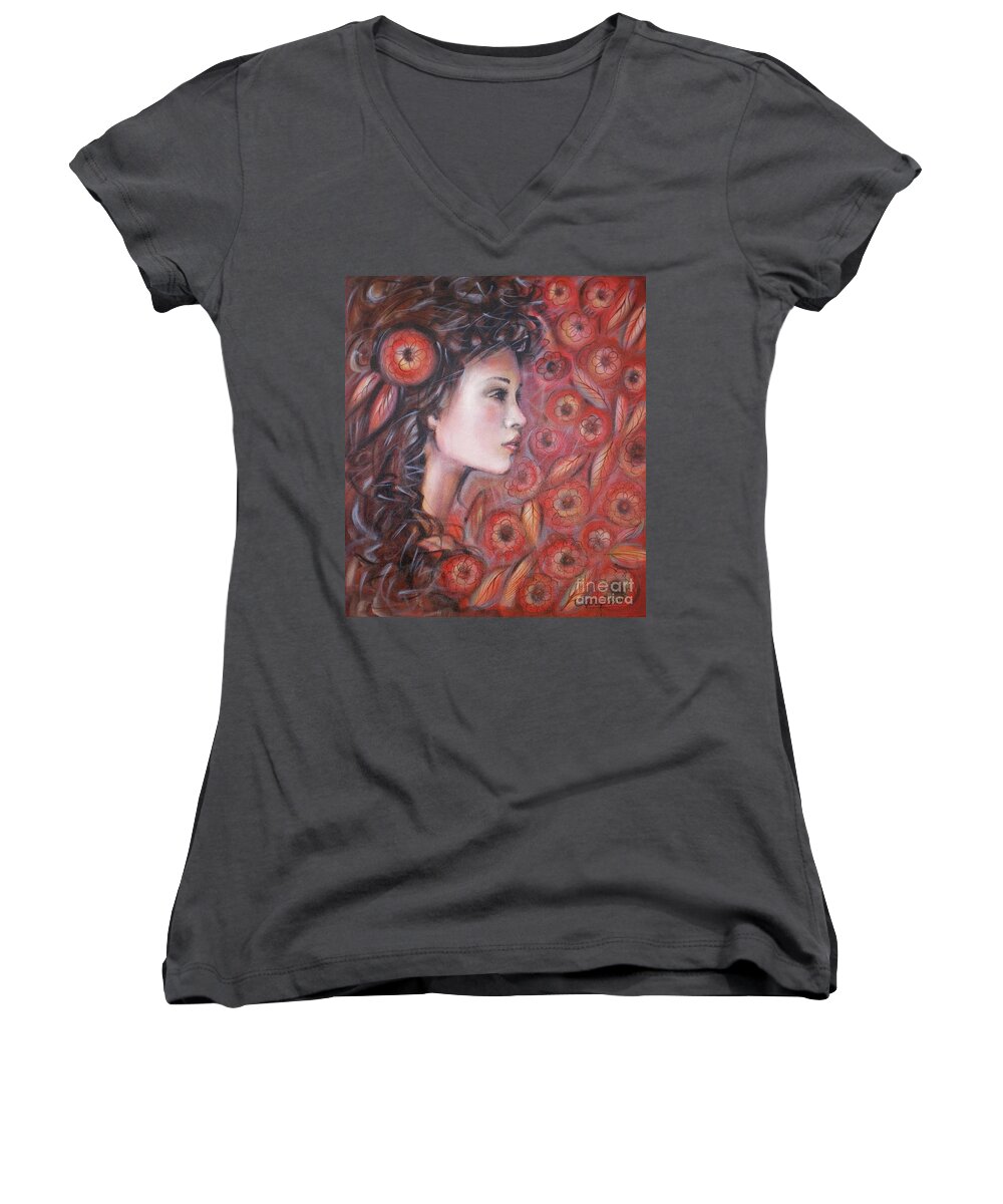 Woman Women's V-Neck featuring the painting Asian Dream In Red Flowers 010809 #1 by Selena Boron