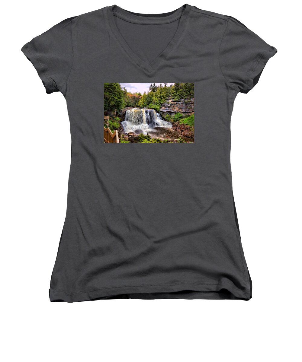 Blackwater Falls State Park Women's V-Neck featuring the photograph Blackwater Falls SP #3 by Mary Almond