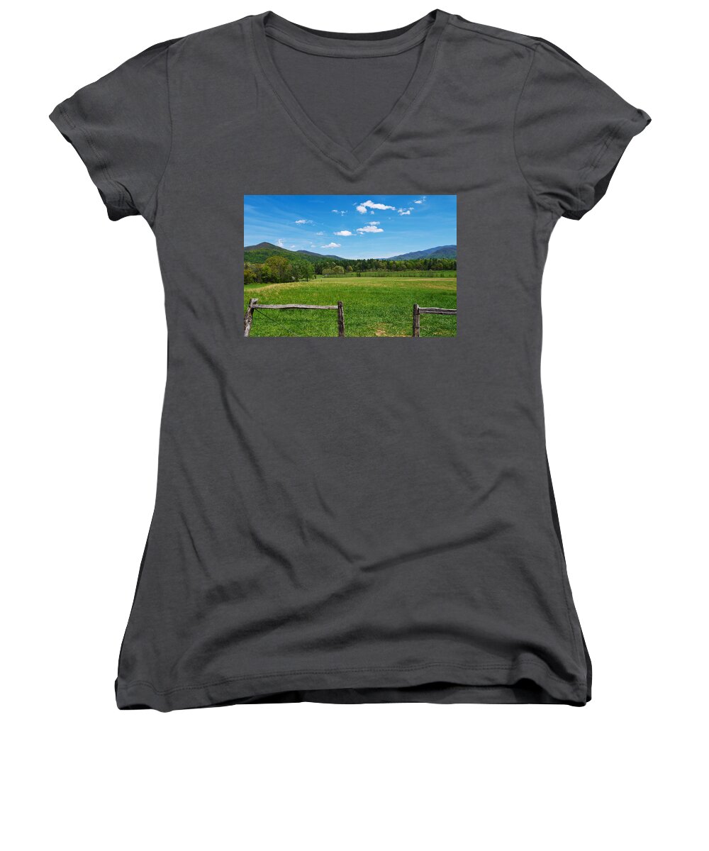 Cades Cove Women's V-Neck featuring the photograph Cades Cove #1 by Melinda Fawver