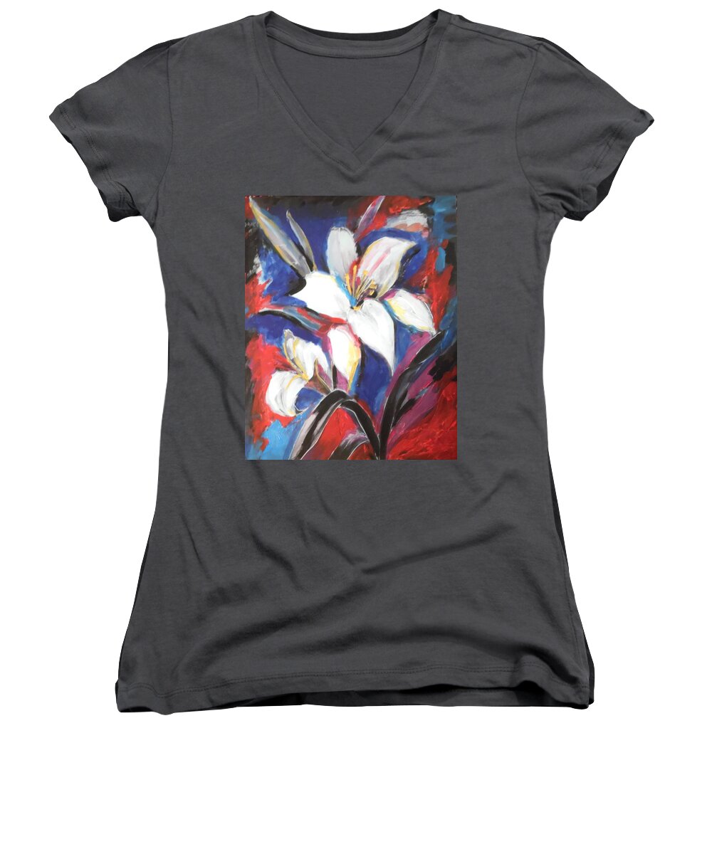 Fair Women's V-Neck featuring the painting Fair Pure Fragile White Lilies by Esther Newman-Cohen