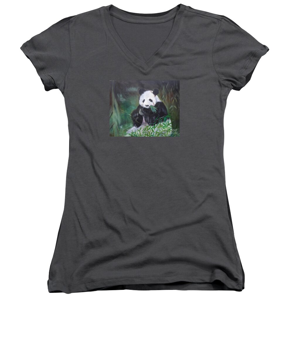 Giant Panda Canvas Print Women's V-Neck featuring the painting Giant Panda 1 by Jenny Lee