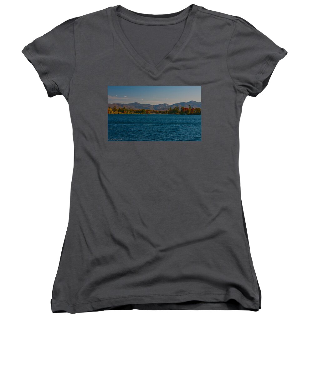 New York Women's V-Neck featuring the photograph Lake Placid and the Adirondack Mountain Range #1 by Brenda Jacobs
