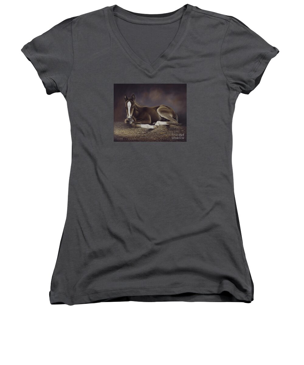 Horses Women's V-Neck featuring the painting Lucky #1 by Ricardo Chavez-Mendez