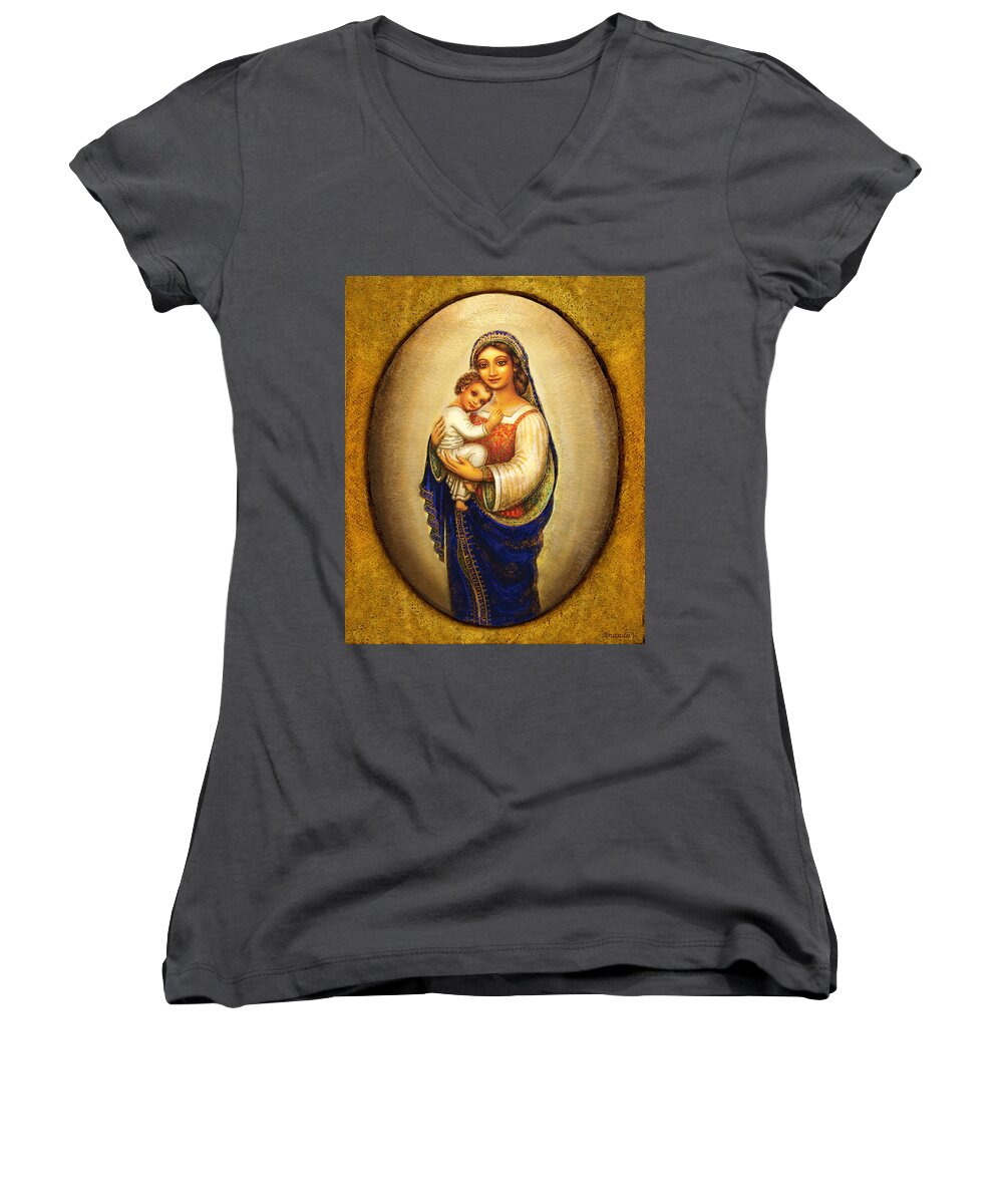 Madonna And Child Women's V-Neck featuring the mixed media Madonna in a Halo by Ananda Vdovic