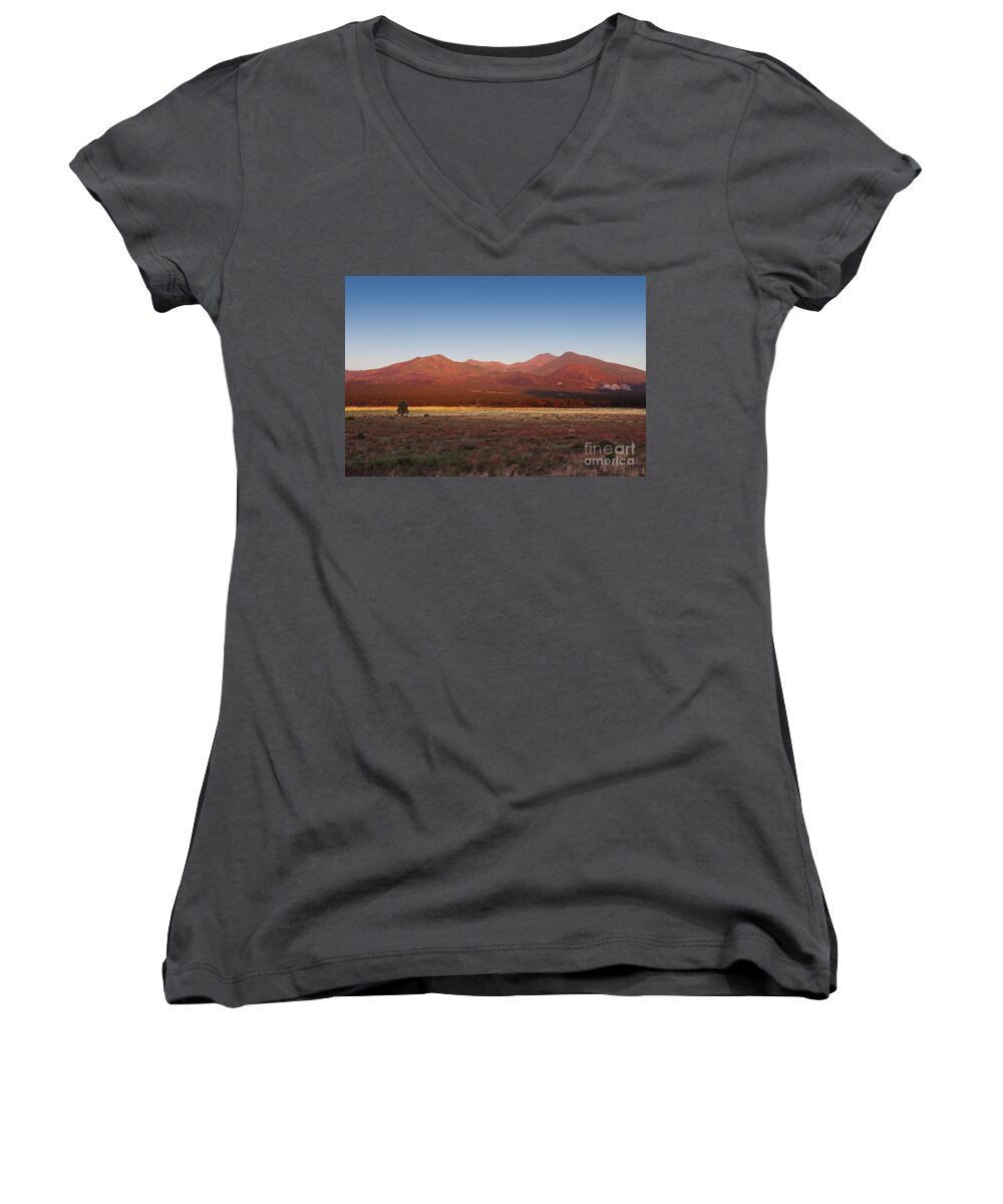Rock Women's V-Neck featuring the photograph San Francisco Peaks Sunrise #1 by Jemmy Archer