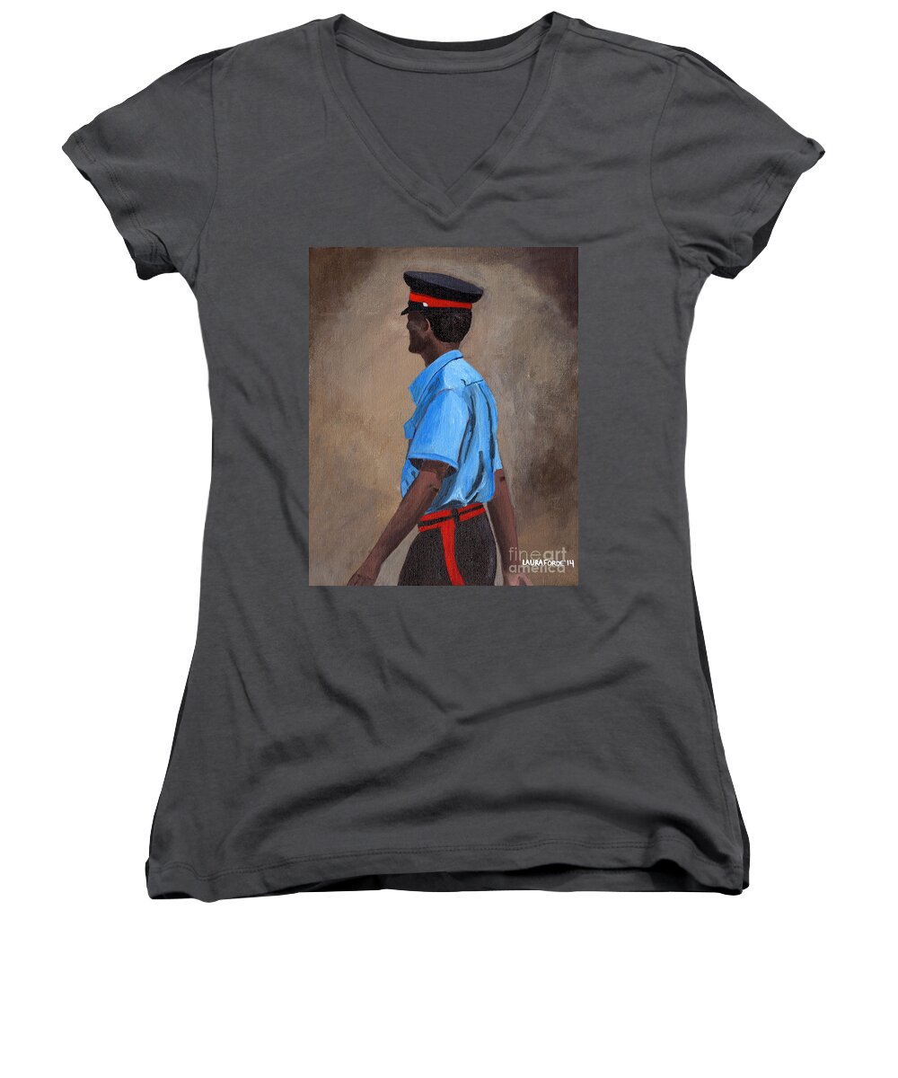 Grenada Women's V-Neck featuring the painting Strolling Officer by Laura Forde