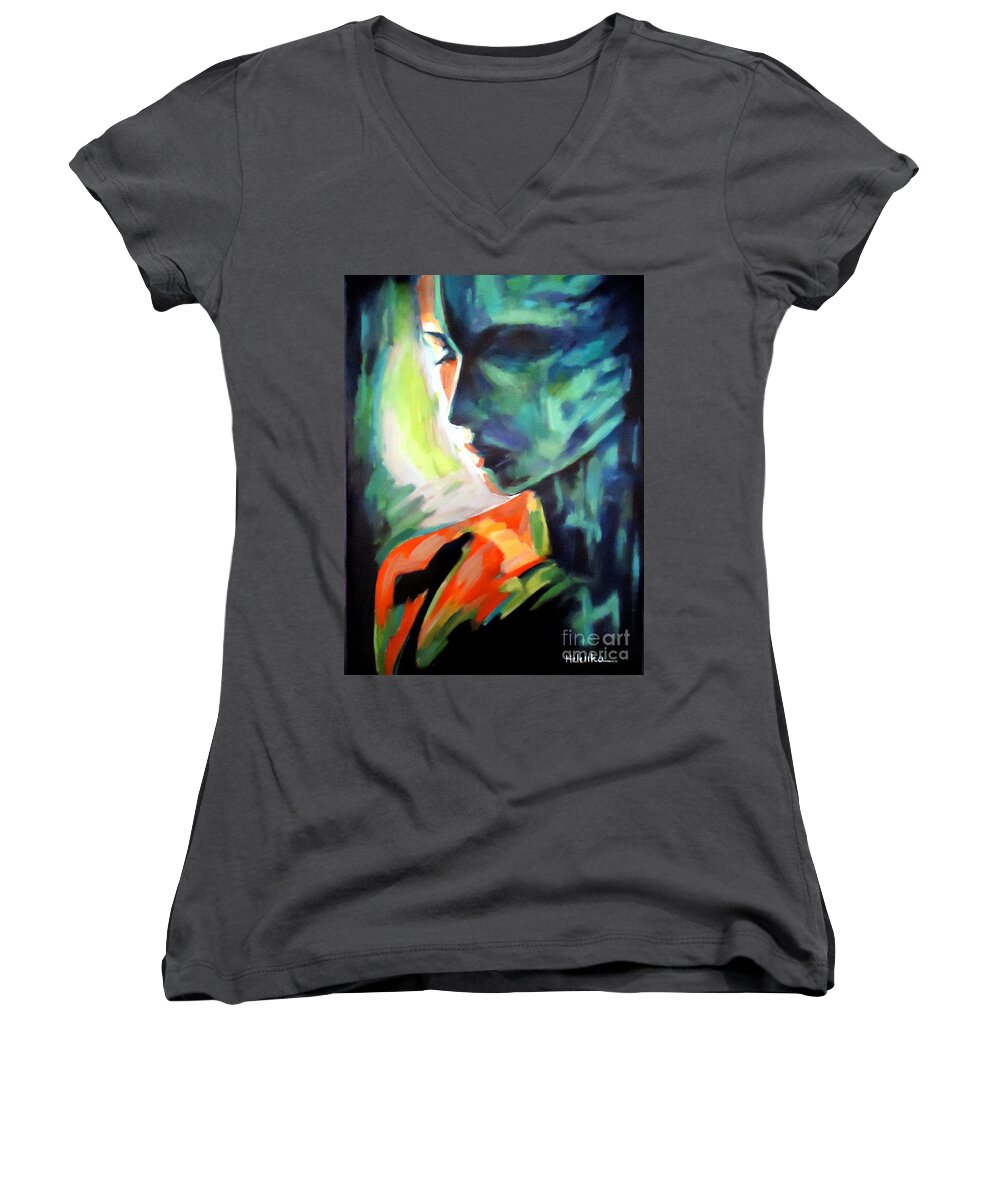 Affordable Original Paintings Women's V-Neck featuring the painting The invisible visible by Helena Wierzbicki