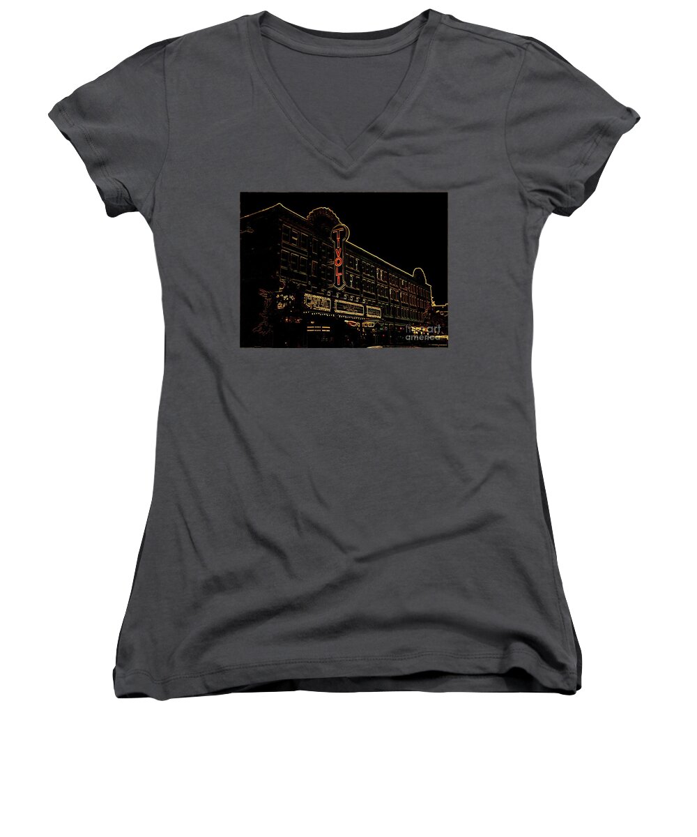  Women's V-Neck featuring the photograph The Tivoli in Neon by Kelly Awad