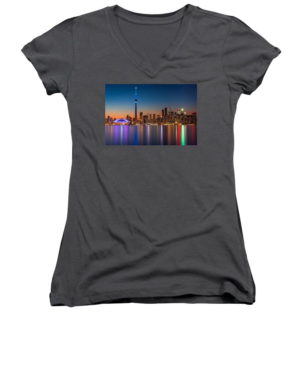 Canada Women's V-Neck featuring the photograph Toronto skyline at dusk #1 by Mihai Andritoiu