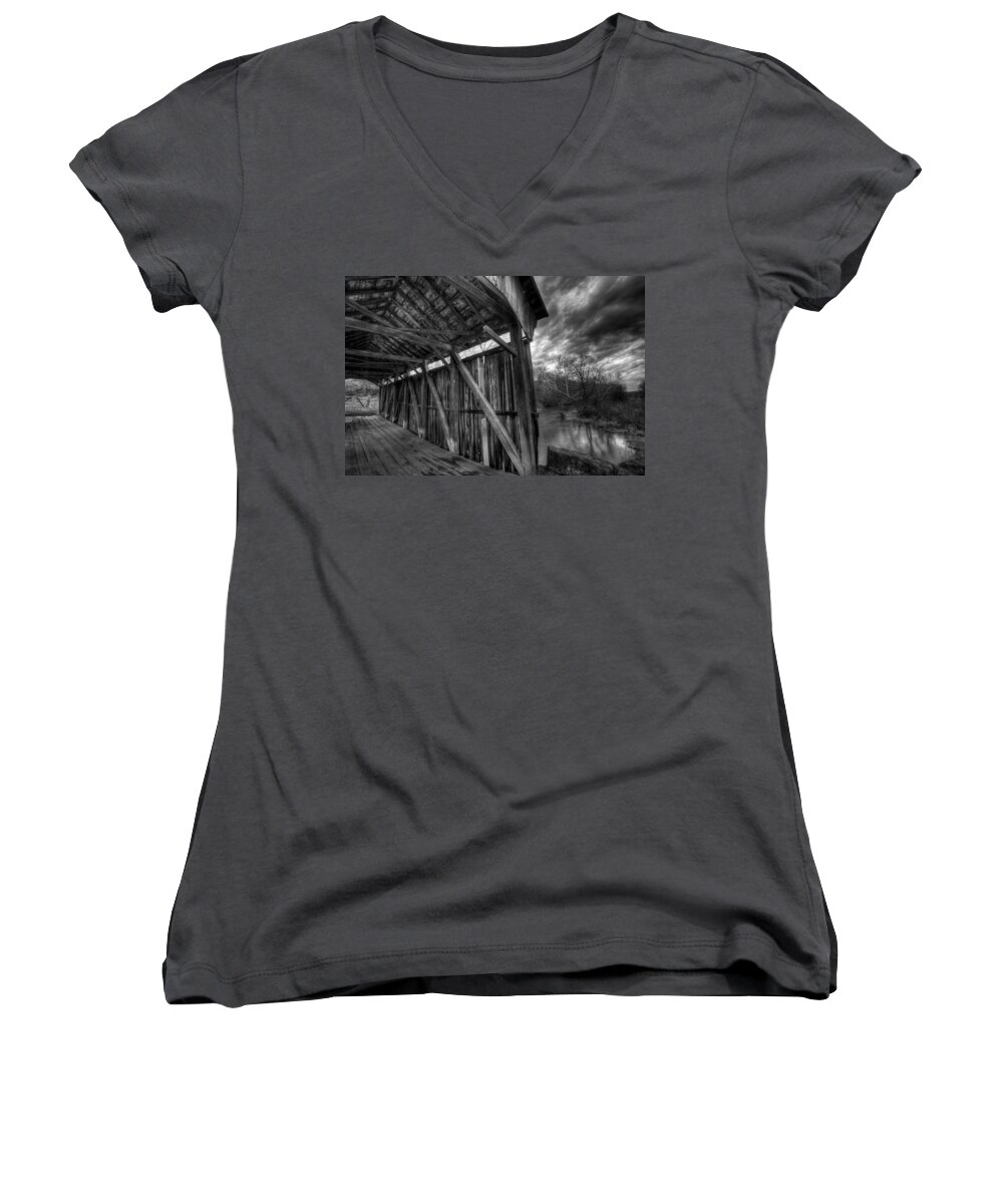 Covered Bridge Women's V-Neck featuring the photograph Trinity Road Covered Bridge #1 by David Dufresne