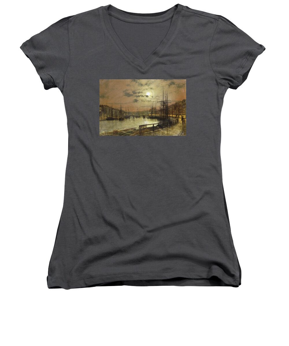 Whitby Women's V-Neck featuring the painting Whitby by John Atkinson Grimshaw