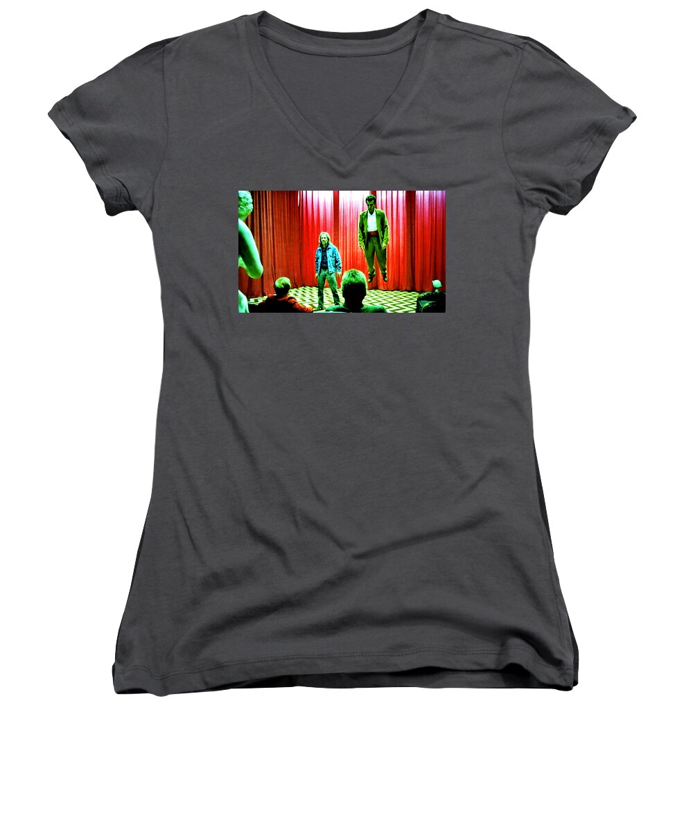 Laura Palmer Women's V-Neck featuring the painting Black Lodge #11 by Luis Ludzska